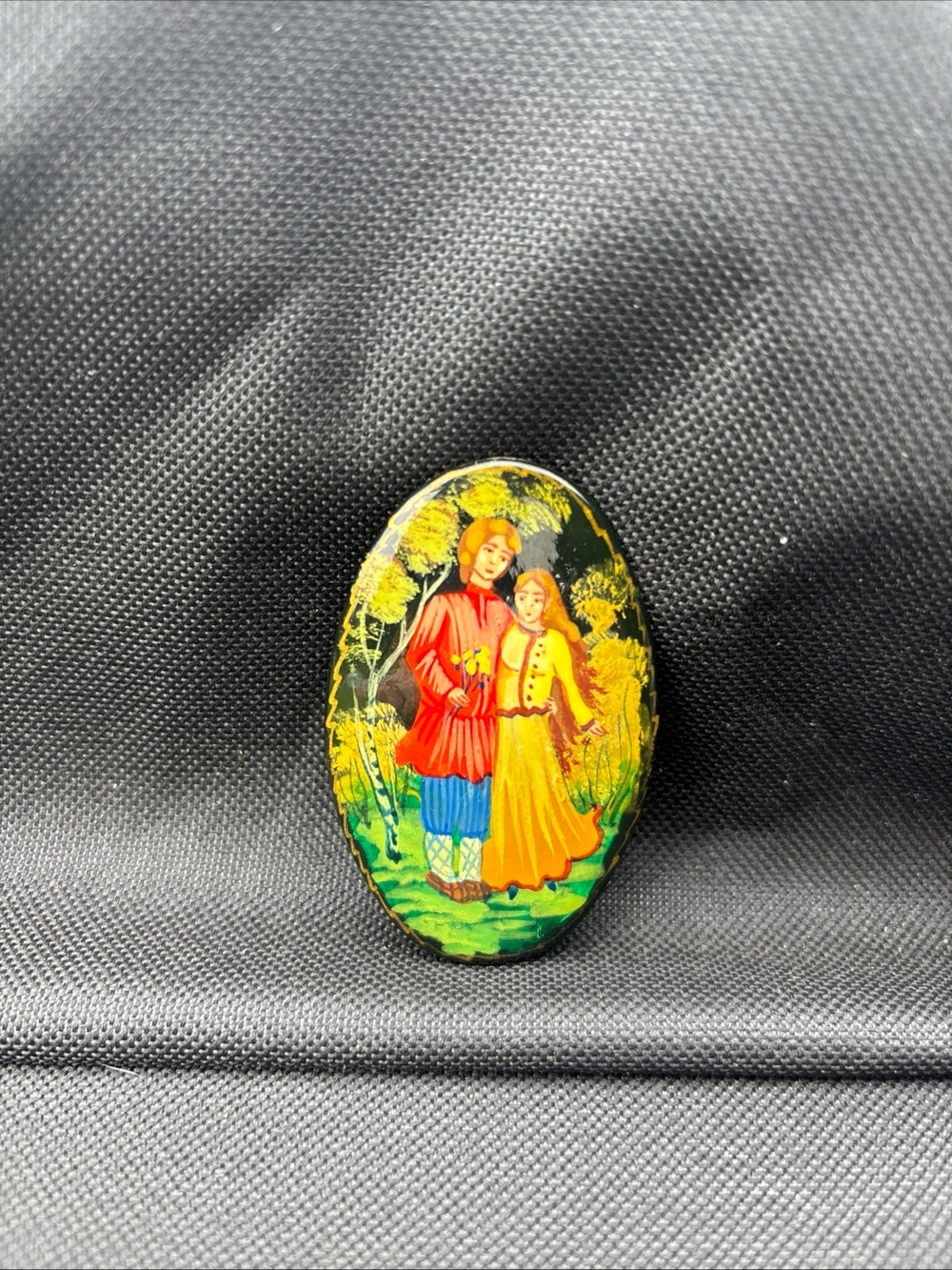 Vintage Hand Painted Artist Signed Brooch Pin Black Lacquer Russian Folk Art